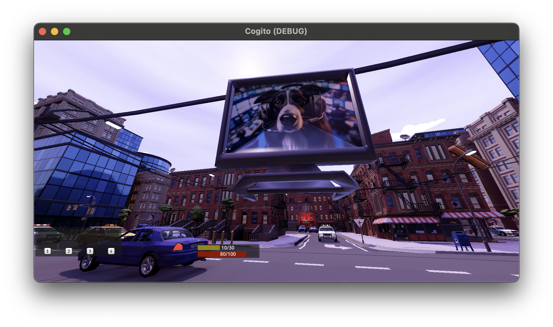 A floating monitor displaying the Player's remote support, a dog with a headset