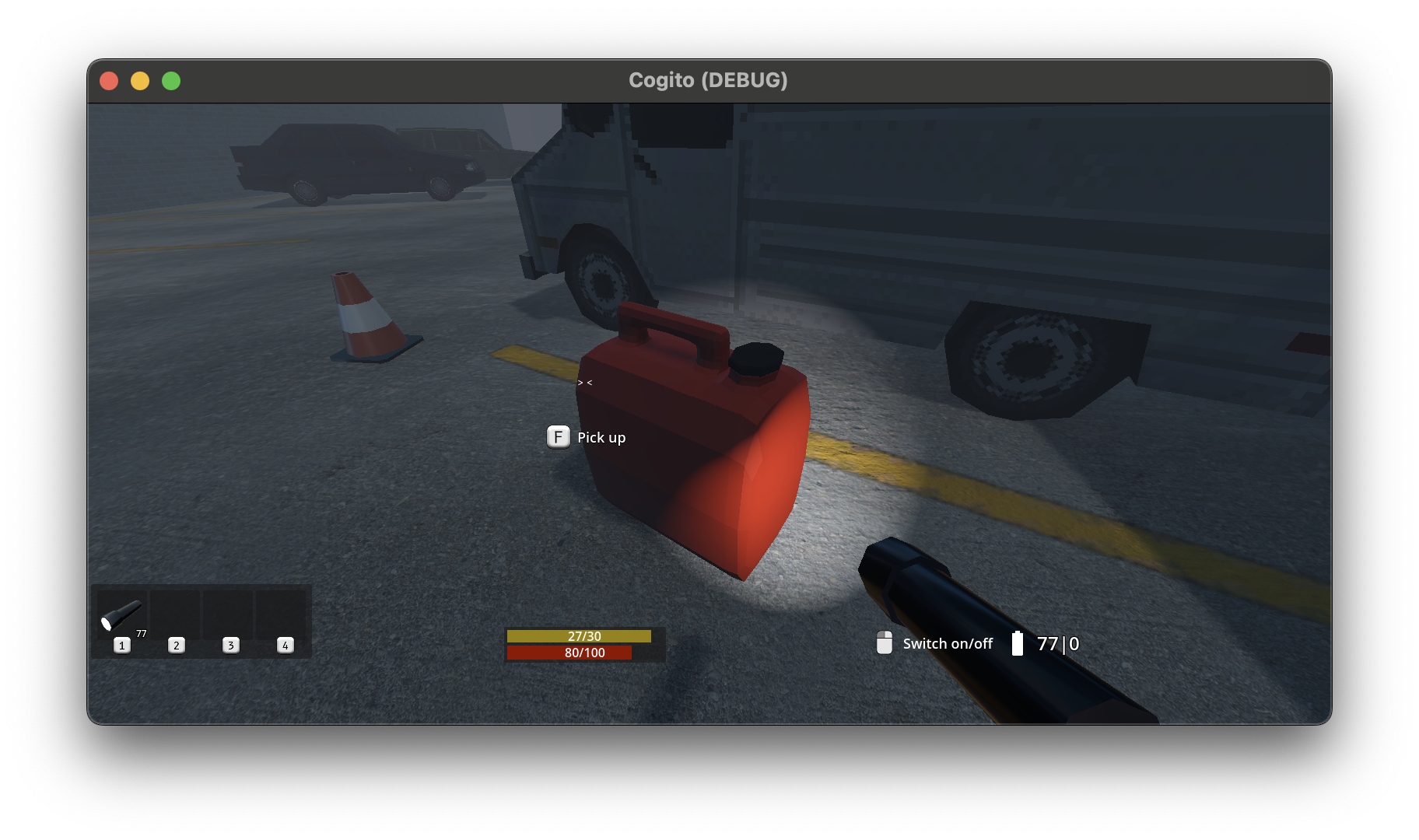 Inventory system, showing a container of gasoline with an indicator that "F" will pick it up