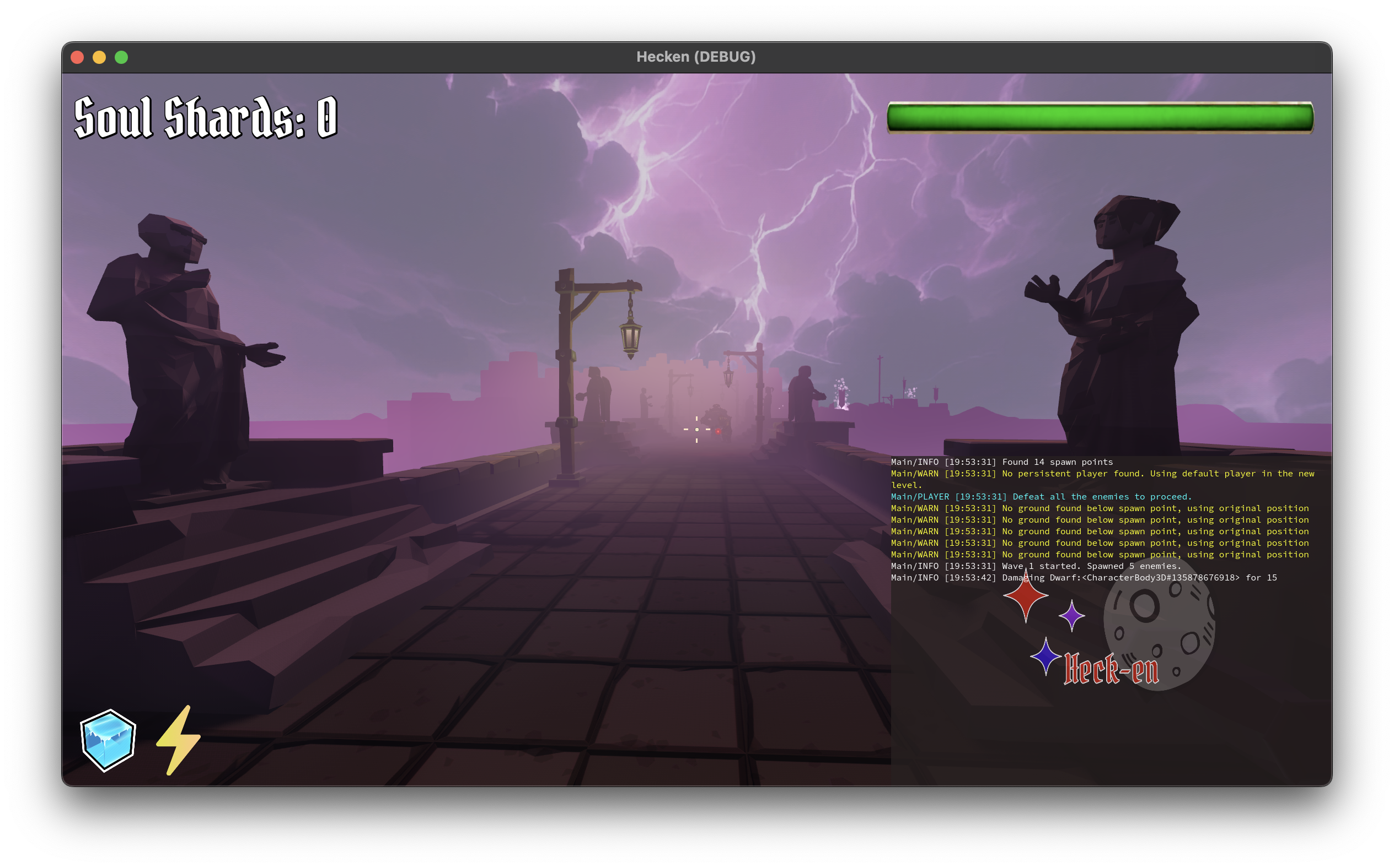 The first level of hecken, with the logging display toggled