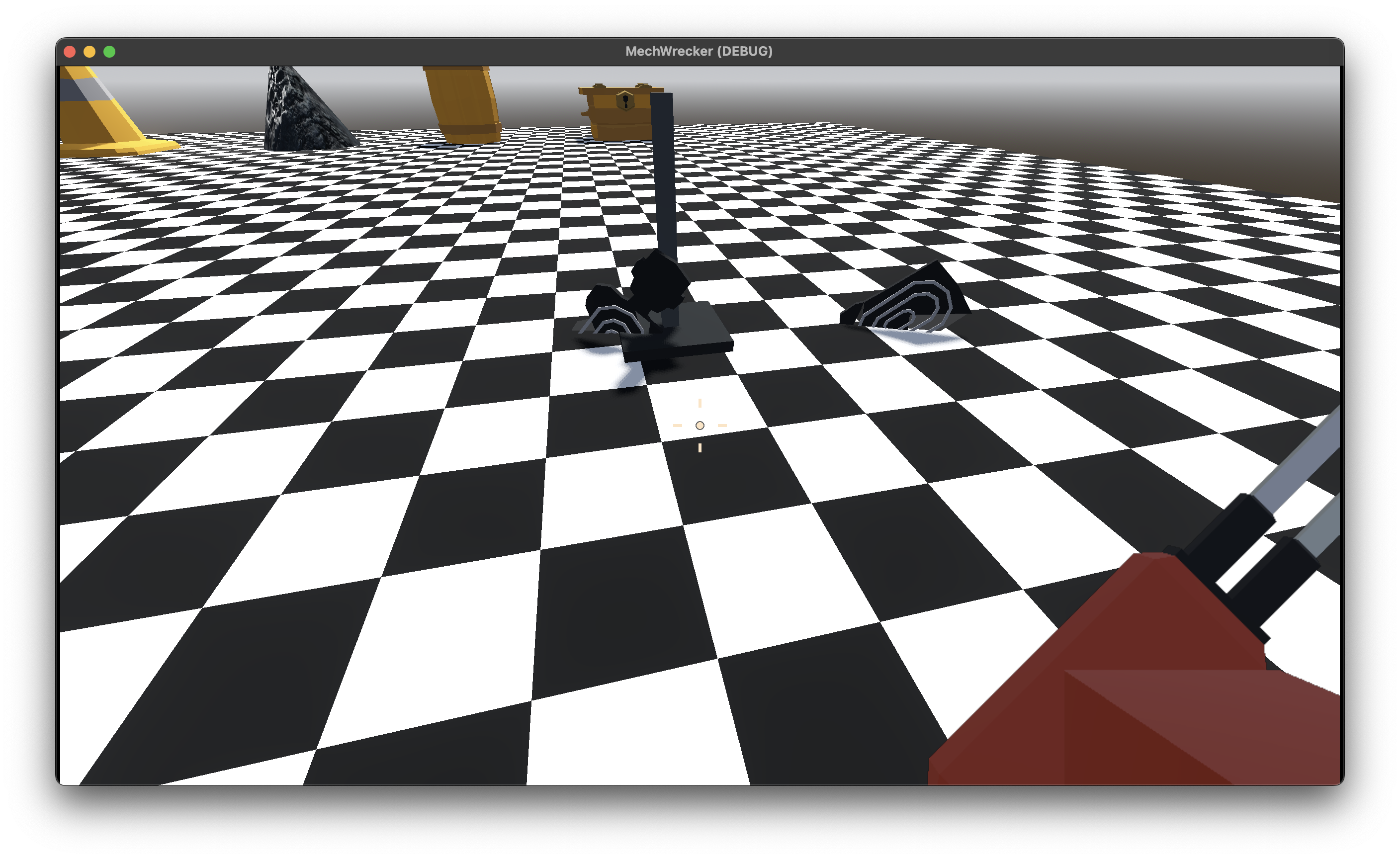 Initial prototyping area, showing the after of a RigidBody3D being cut in two, and having physics be applied to the halves