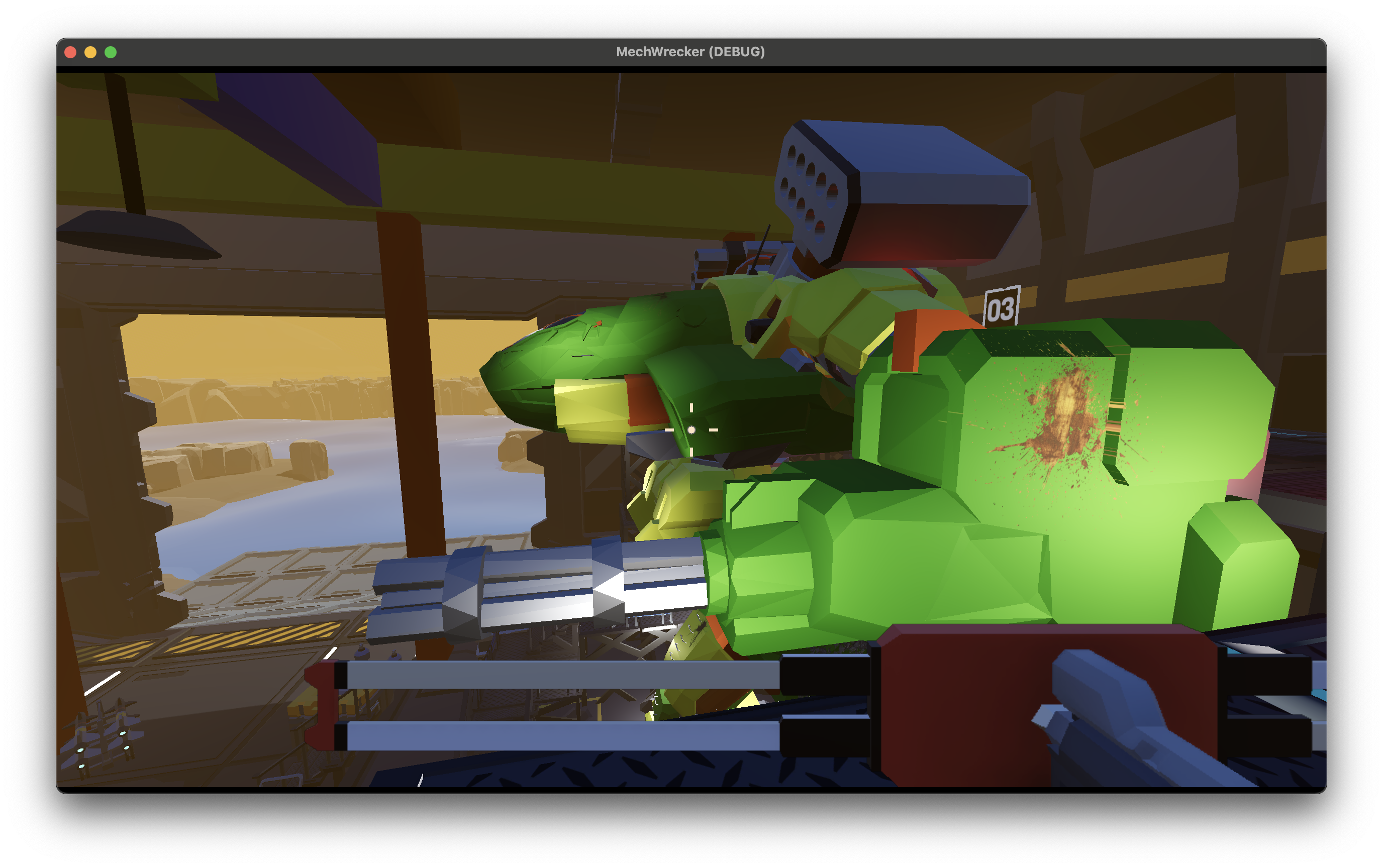 Mech in hanger scene, displaying decal based grime, with additional lights and structure