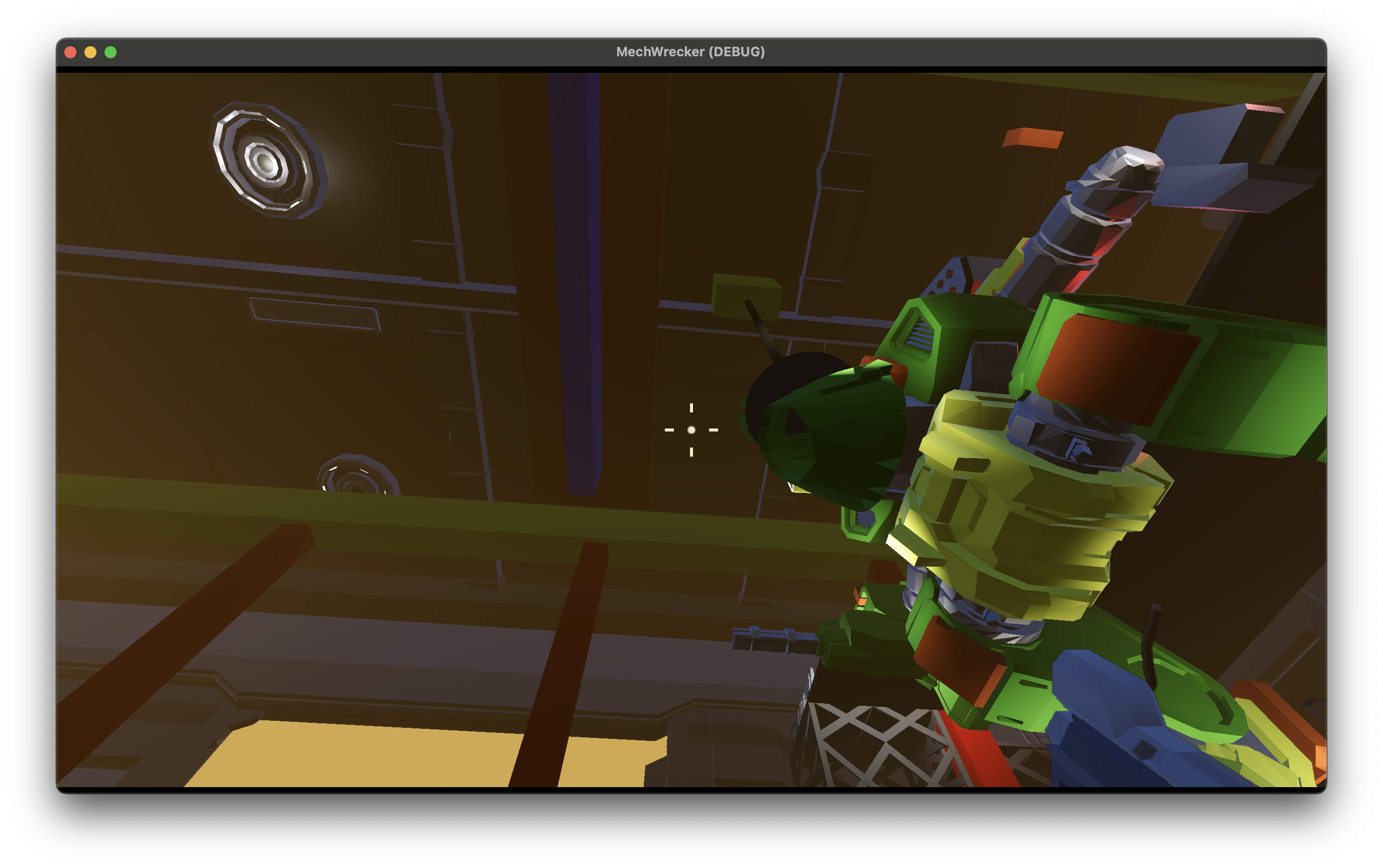 Sliced mech part being carried across the hanger